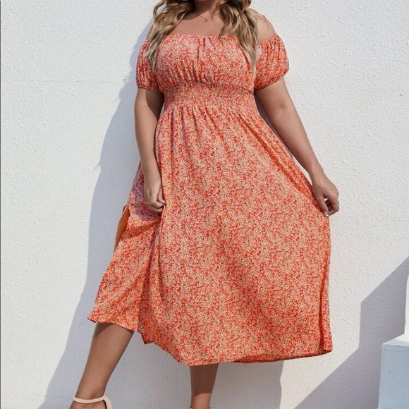 Floral print shirred off shoulder dress orange SOLD OUT - Picture 5 of 5